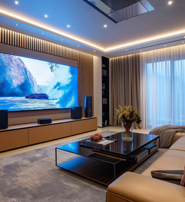 A modern living room with a large TV displaying ocean waves. The room features a sectional sofa, coffee table, potted plant, and surround sound system, with curtains covering a window.