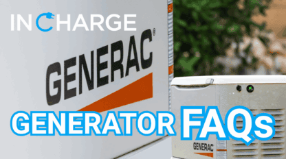 Close-up of GENERAC generators with the text "IN CHARGE GENERATOR FAQs" in bold blue and white letters overlaying the image.