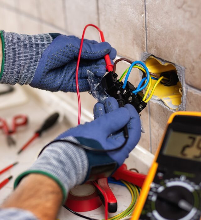 A residential electrician doing repair work on a kitchen outlet.