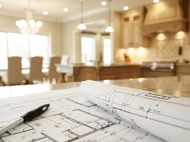 Home blueprints on a kitchen counter with all of the home's lights on and blurred in the background.
