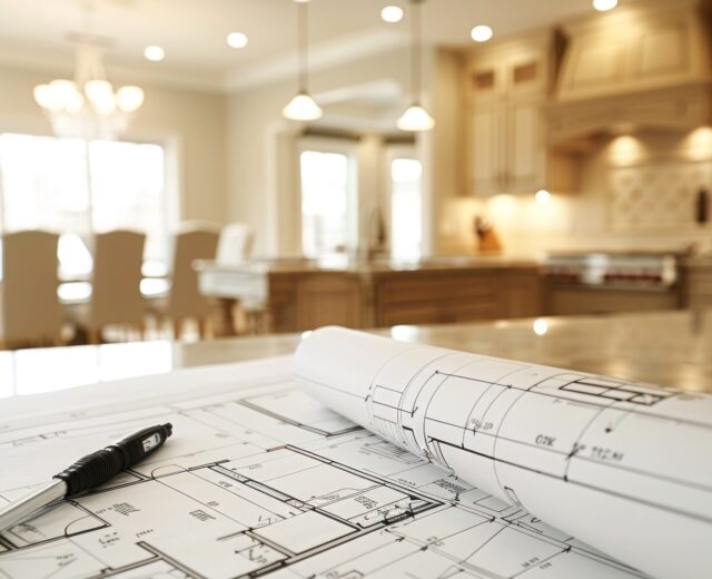 Home blueprints on a kitchen counter with all of the home's lights on and blurred in the background.