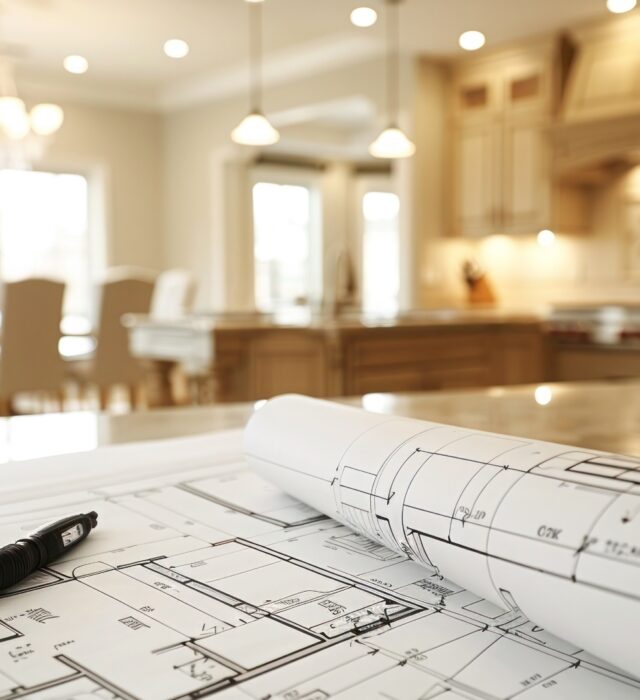 Home blueprints on a kitchen counter with all of the home's lights on and blurred in the background.