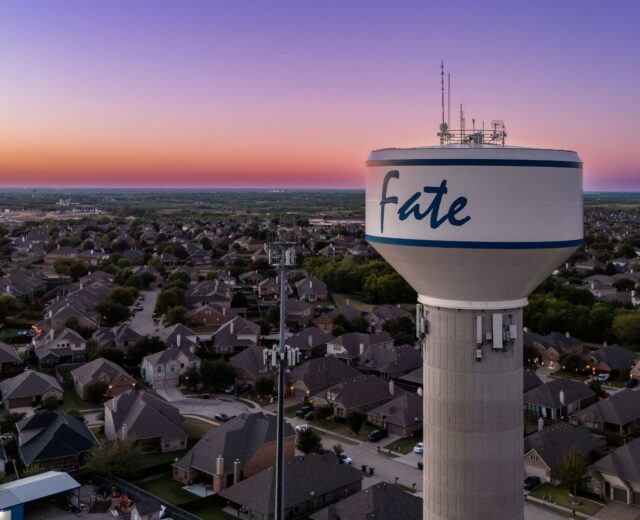 Aerial view of a residential neighborhood in Fate, Texas