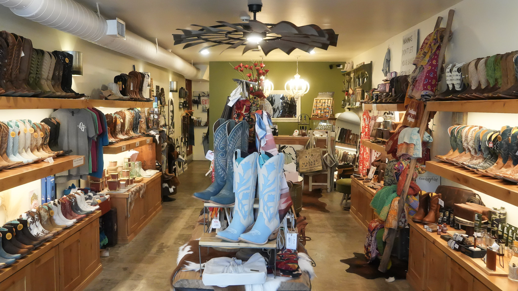The interior of a western leather goods boutique located in downtown Georgetown, Texas.