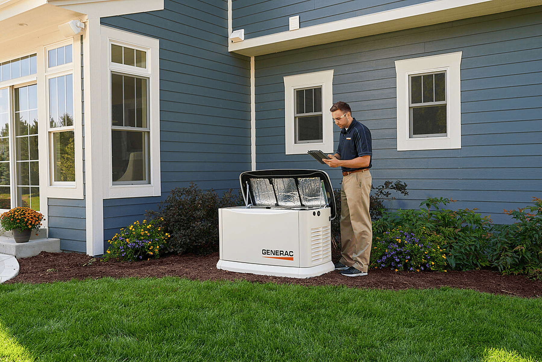 A technician inspecting a Generac whole-home generator.