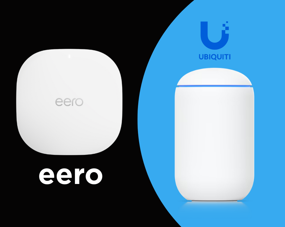 Home Network Router Options. eero Max 7 on the left; Unifi Dream Machine on the right.