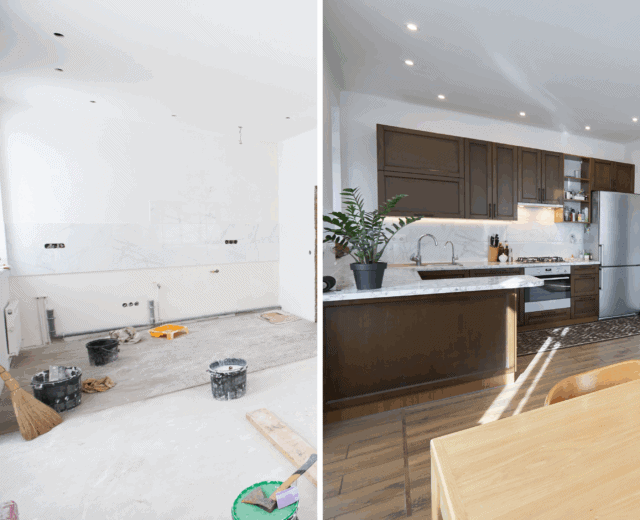 Side-by-side comparison of a kitchen before renovation, showing bare walls and construction tools, and after renovation, featuring modern cabinetry, appliances, and decor.