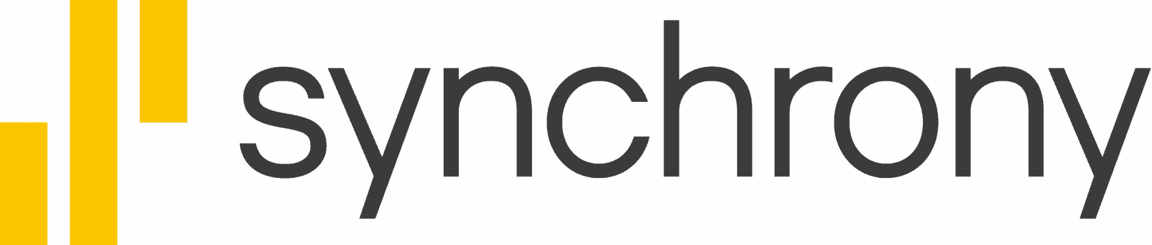 The image shows the Synchrony logo with three vertical yellow bars on the left and the word "synchrony" in lowercase black letters on the right.