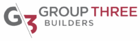Logo for Group Three Builders featuring “G3” split by a diagonal line, with "GROUP THREE BUILDERS" written beside it in gray and red capital letters.