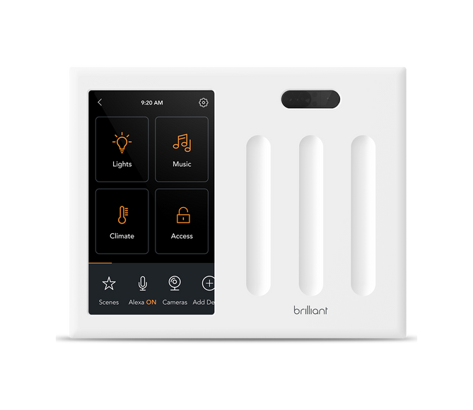 A white smart home control panel with a touchscreen displaying options for lights, music, climate, and access.