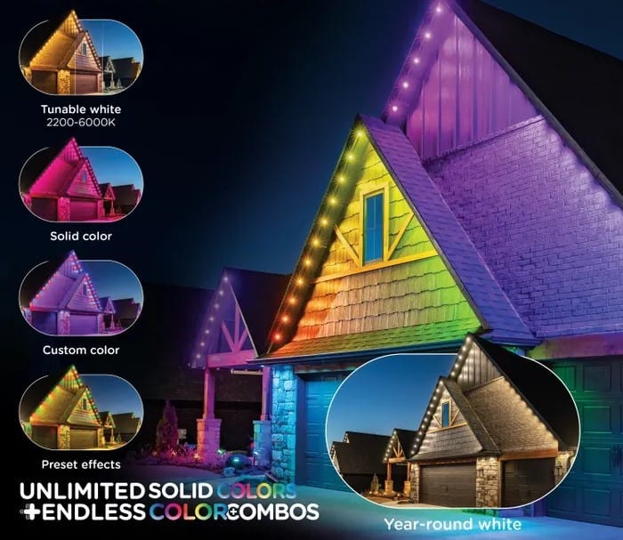 A house decorated with customizable LED lights along the roofline, displaying various color options and effects, including solid, custom, and preset lighting, with a focus on year-round use.