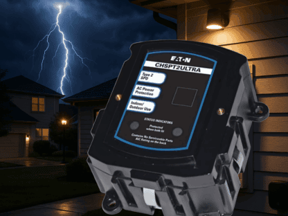 A surge protector device is shown in focus with houses and a lightning strike in the background during a storm at night.