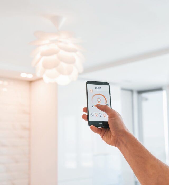 Smart home automation allowing light control via smart home app on a phone.