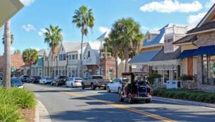 View of businesses on Old Mill Run. Lake Sumter Landing is one of the business districts in The Villages, Florida's largest senior adult community. Source: Steven Martin