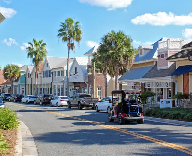 View of businesses on Old Mill Run. Lake Sumter Landing is one of the business districts in The Villages, Florida's largest senior adult community. Source: Steven Martin