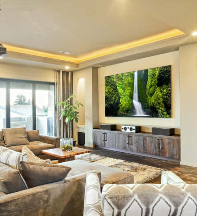 Home theater with surround sound system.
