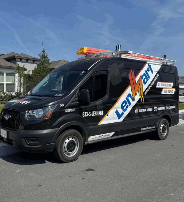A Lenhart Electric van parked at a residential property for an electrical service visit.