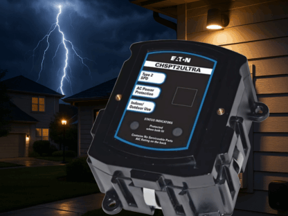 A close-up of an Eaton surge protector unit mounted on an exterior wall at night, with a lightning strike visible in the sky above nearby houses.