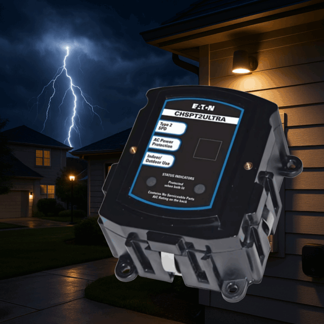 A surge protector device mounted on an exterior wall of a house at night, with a lightning bolt striking in the background.