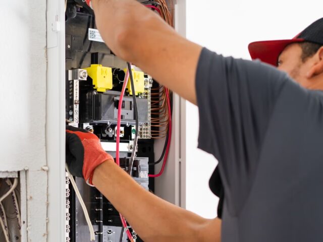 Technician completing work on an electrical panel in a residential home.