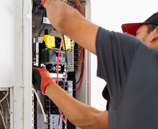 Technician completing work on an electrical panel in a residential home.